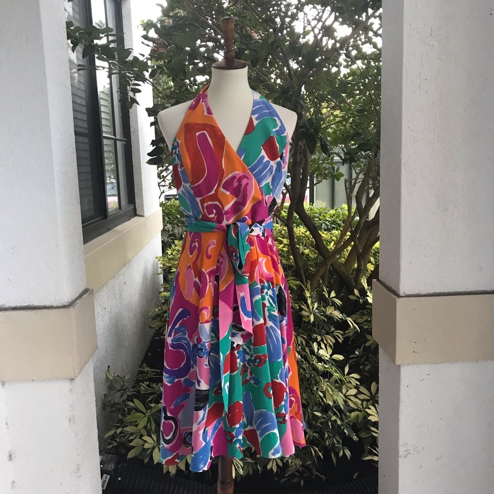 Lauren By Ralph Lauren Silk Printed Halter Dress